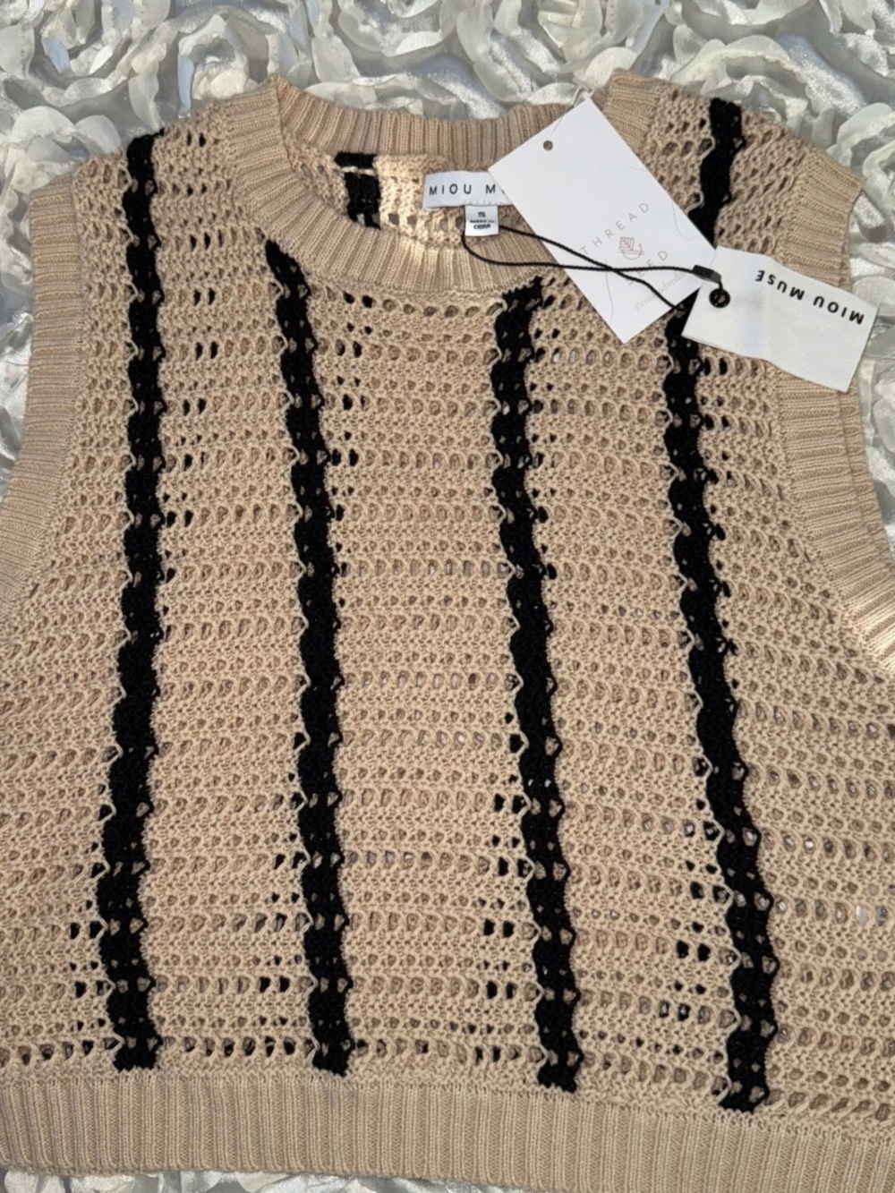 MIOU MUSE The Laily Crochet Sleeveless Knit Vest Top Tan/Black Stripes NWT SZ S